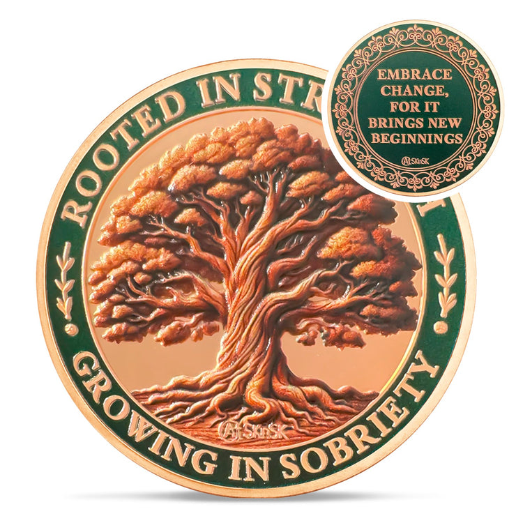Brown Growing in Sobriety Tree of Life Embrace Change Coin