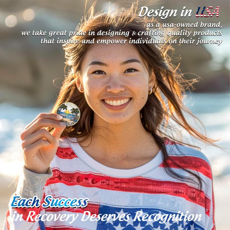Recovery Addiction Sunset Beach Freedom Dolphins Sobriety Coin