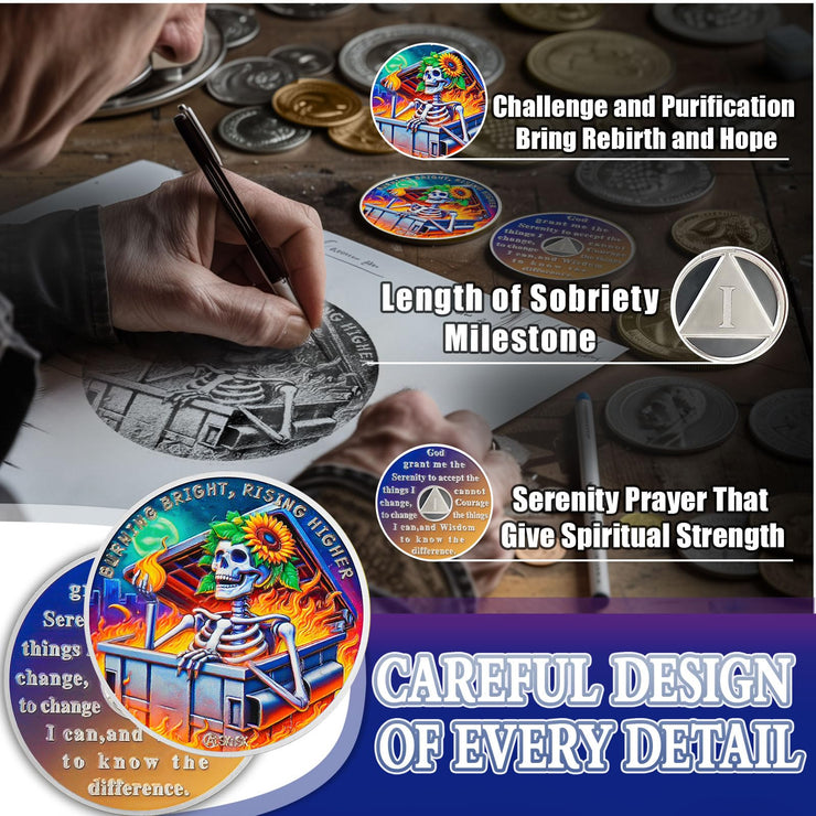 Personalized Reborn in Fire Sunflower Skeleton Sobriety Coin