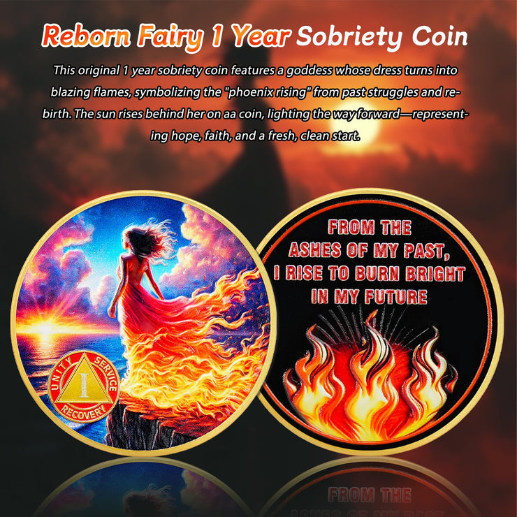 Personalized Rising from The Ashes One Year Reborn Fairy Sobriety Coin