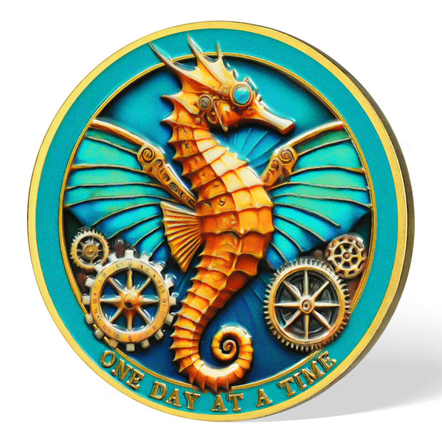 One Day at a Time Gears Seahorse Inspirational Sobriety Challenge Coin