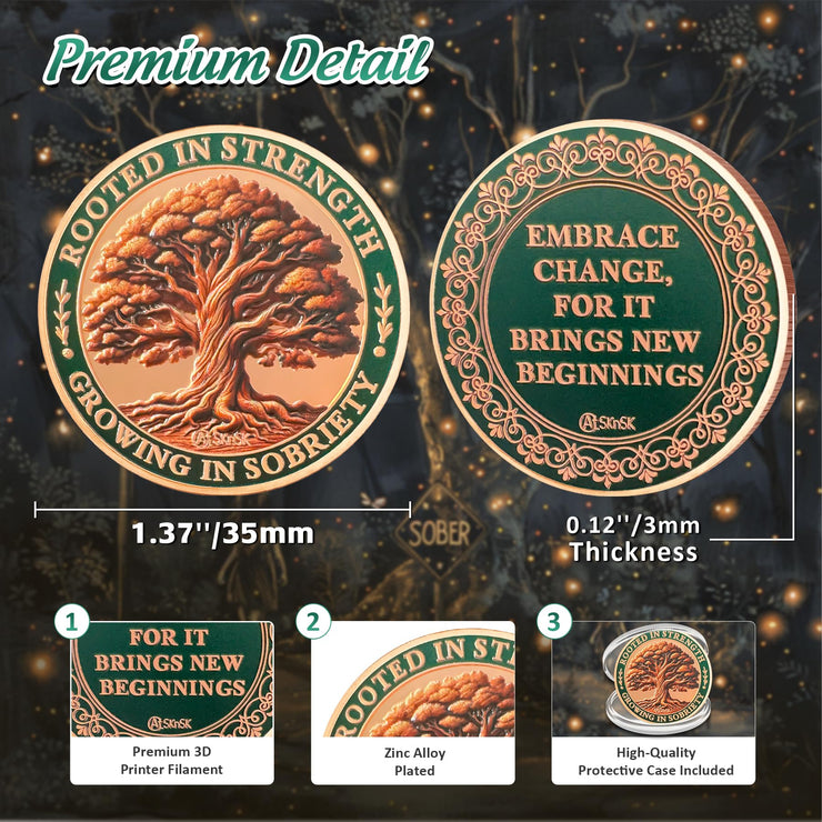 Brown Growing in Sobriety Tree of Life Embrace Change Coin