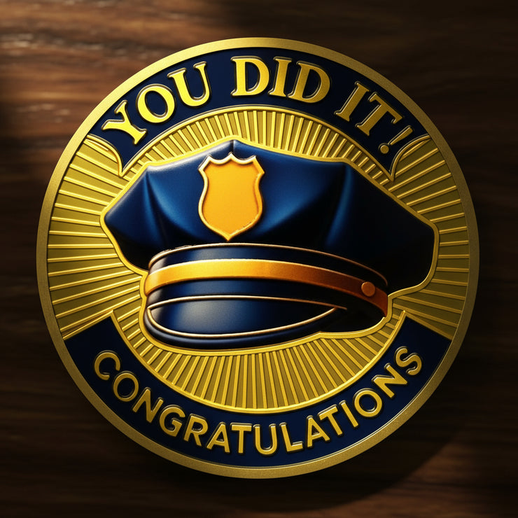 Police Graduation Hat Celebrating Achievement & Law Enforcement Challenge Coin