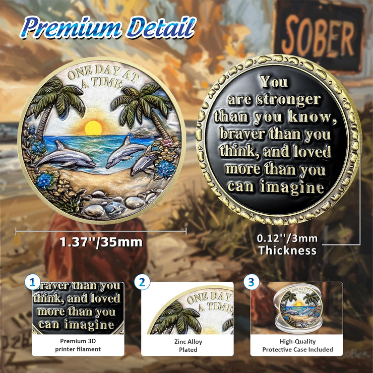 Recovery Addiction Sunset Beach Freedom Dolphins Sobriety Coin