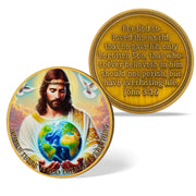 Jesus Holding Earth Halo & John 3:16 Bible Verse Religious Coin