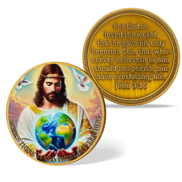 Jesus Holding Earth Halo & John 3:16 Bible Verse Religious Coin