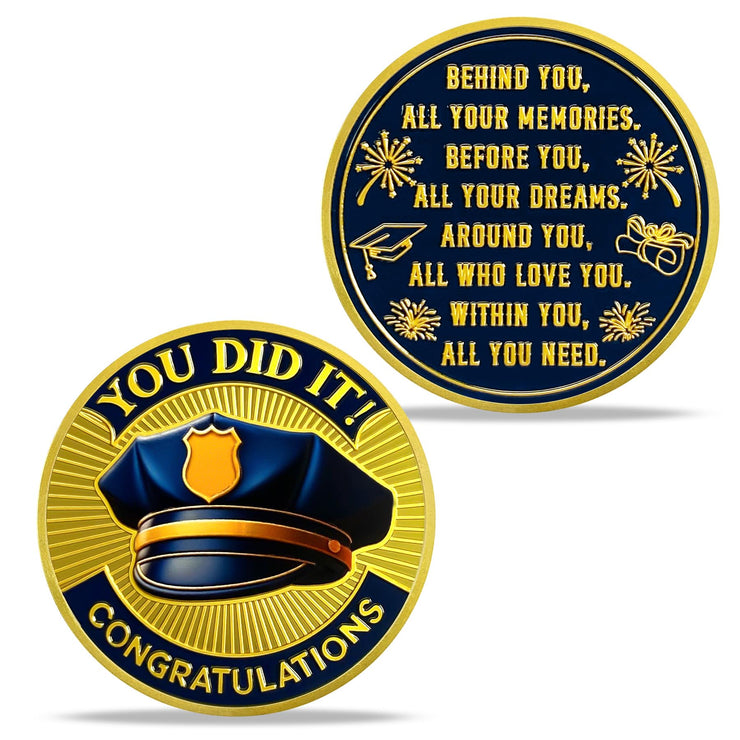 Police Graduation Hat Celebrating Achievement & Law Enforcement Challenge Coin