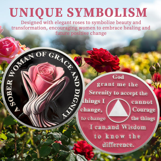 Rose AA Affirmation Sobriety Coins with Serenity Prayer