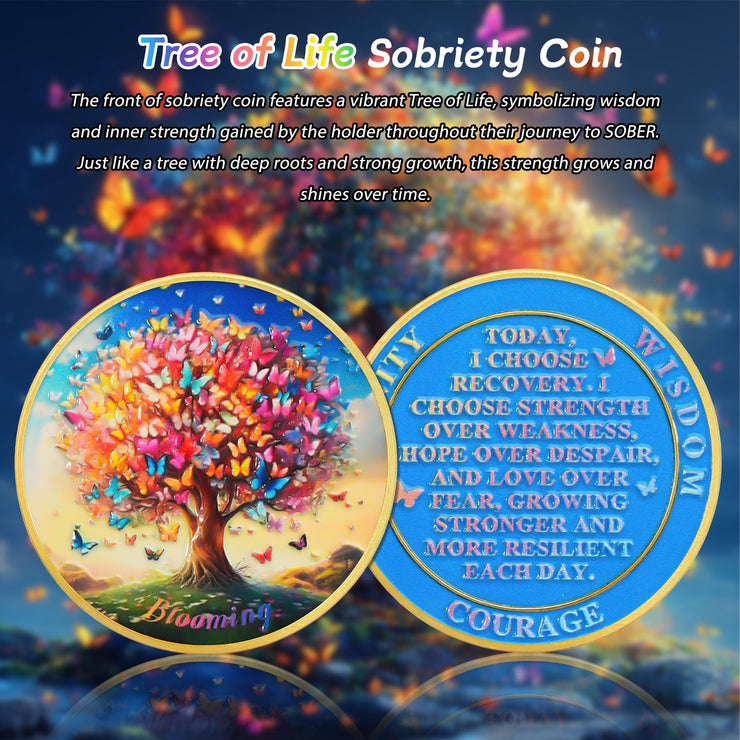 Blooming Tree of Life Colorful Recovery Butterfly Sobriety Coin