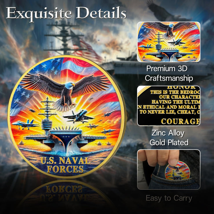 U.S. Naval Forces Veterans Navy Coin with Aircraft Carrier Eagle Military Core Values Tribute