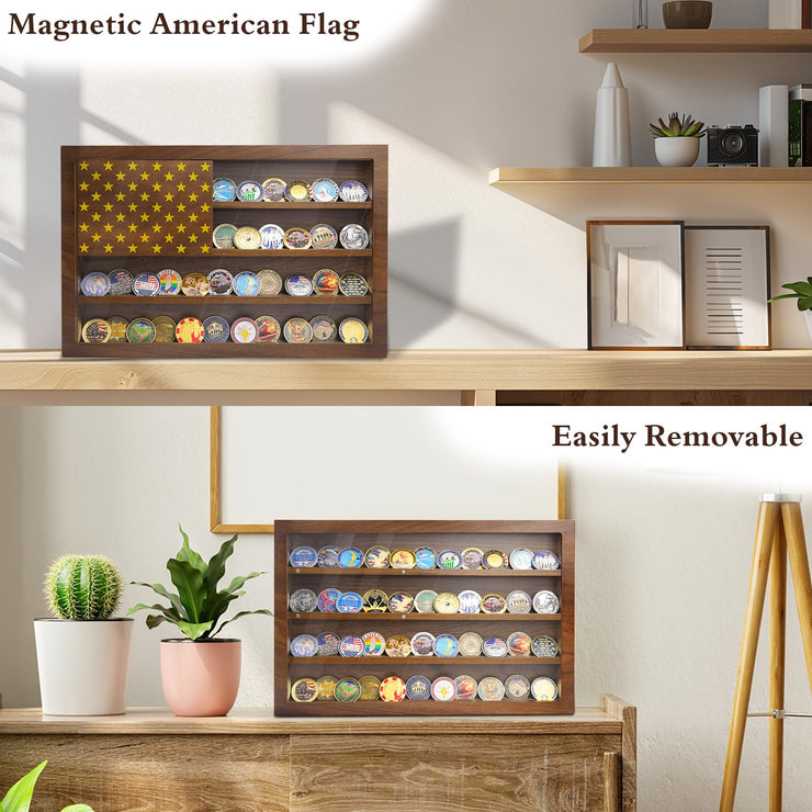 Anti-Fade Acrylic Door / Wooden Wall Mounted Coin Display Stand with Magnetic American Flag Holds 64-73 Coins