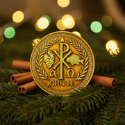 Chi Rho Christian Challenge Coin with John 14:1 Scripture