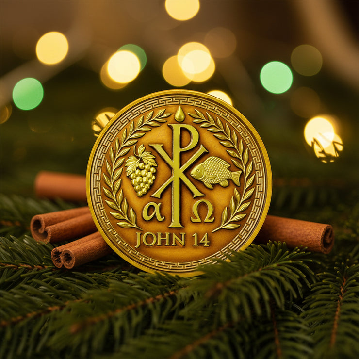 Chi Rho Christian Challenge Coin with John 14:1 Scripture