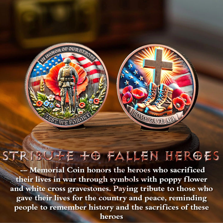Memorial Coin Honoring Fallen Heroes with Poppy and Cross Veterans Challenge Coins