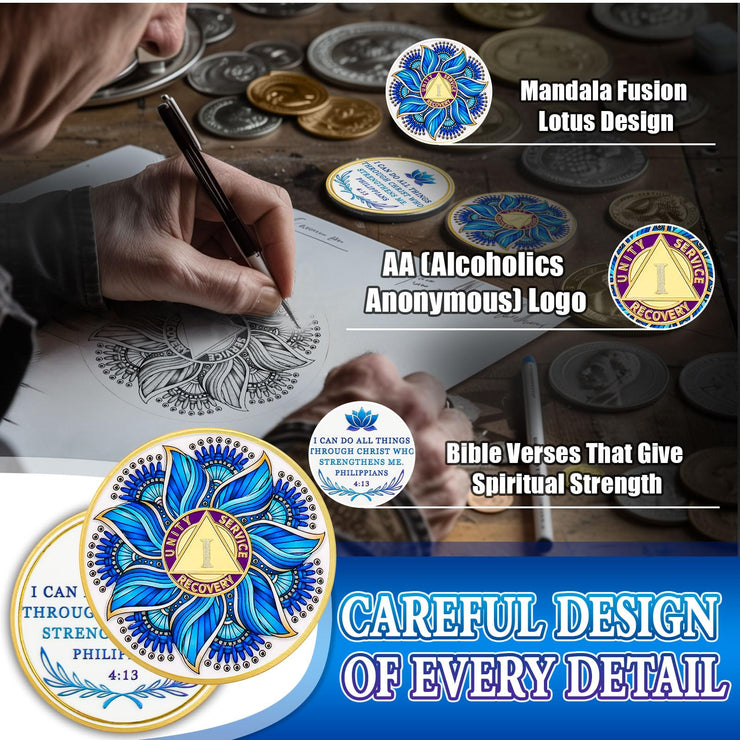 Personalized Recovery & Growth Blue Lotus Sobriety Coin