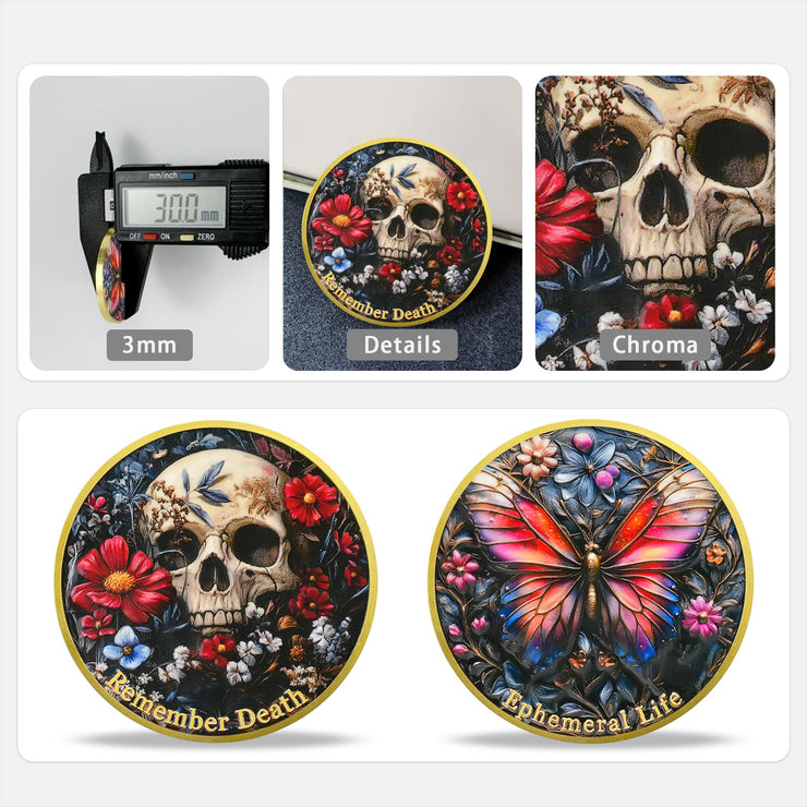 Remember Death with Flowers and Butterfly Memento Mori Skull Coin