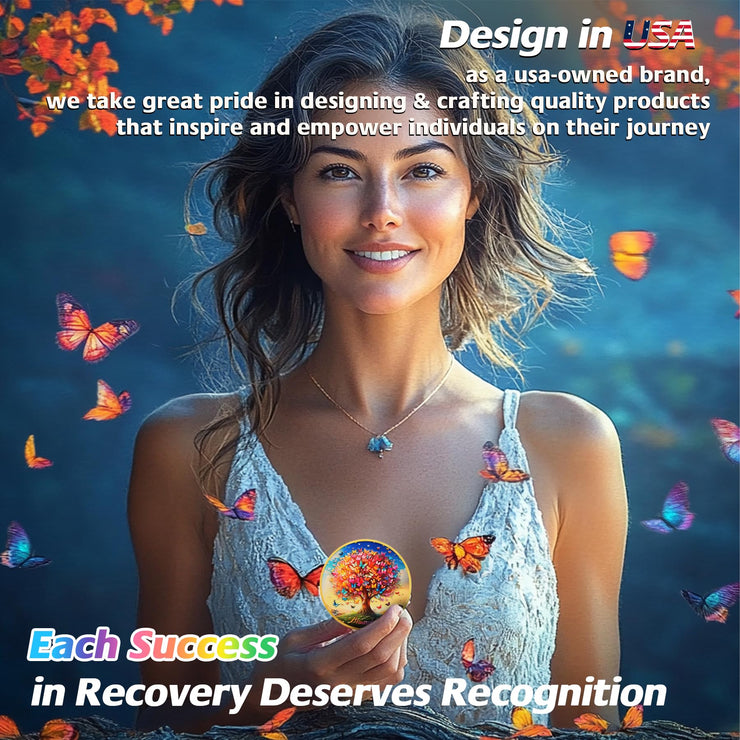 Blooming Tree of Life Colorful Recovery Butterfly Sobriety Coin