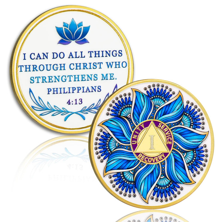 Personalized Recovery & Growth Blue Lotus Sobriety Coin