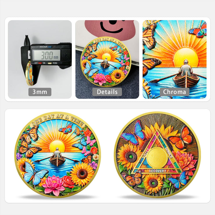 Flower Butterfly and Rising Sun Sobriety Coin