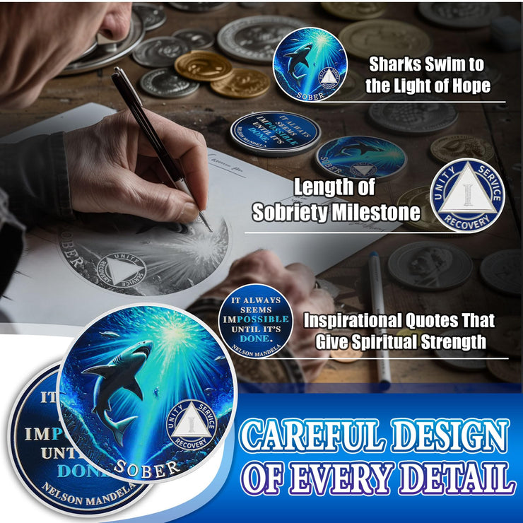 Personalized Mighty Shark  Swim to The Light  Sobriety Coin