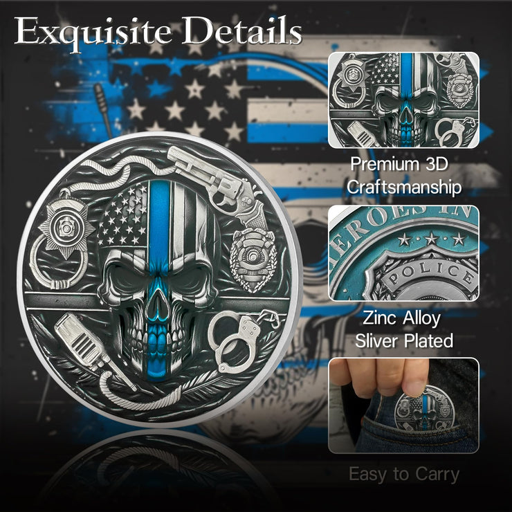 Thin Blue Line Skull Police Officers Prayer Coin