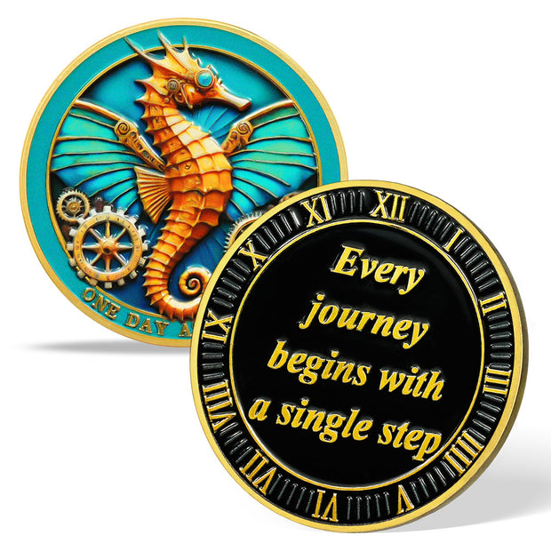 One Day at a Time Gears Seahorse Inspirational Sobriety Challenge Coin