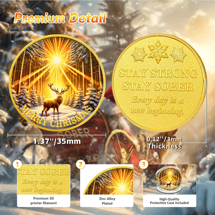 Merry Christmas Elk Gold Sunlight Snow Sobriety Coin