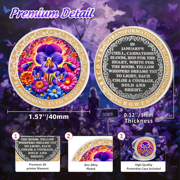 Pretty February Violet Birth Flower Sobriety Coin