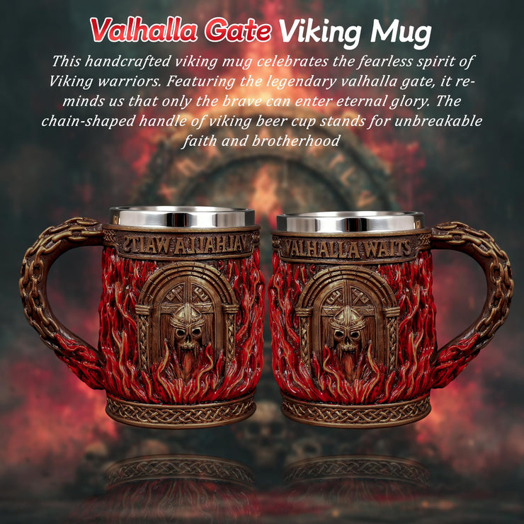 Glory Handmade Viking Mug - 20oz Valhalla Gate Beer Stein - 304 Stainless Steel Novelty Norse Mythology Cup