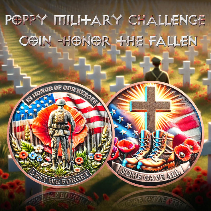 Memorial Coin Honoring Fallen Heroes with Poppy and Cross Veterans Challenge Coins