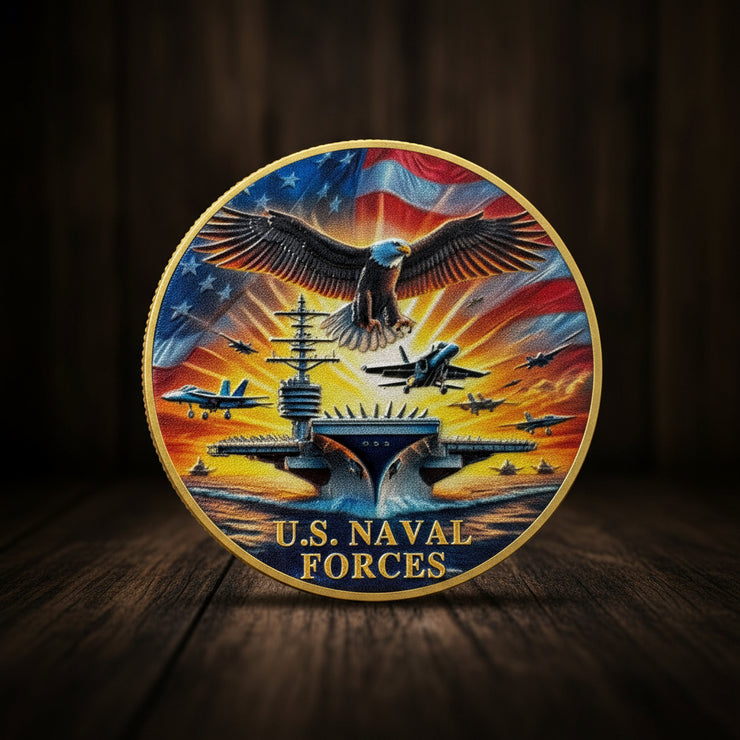 U.S. Naval Forces Veterans Navy Coin with Aircraft Carrier Eagle Military Core Values Tribute