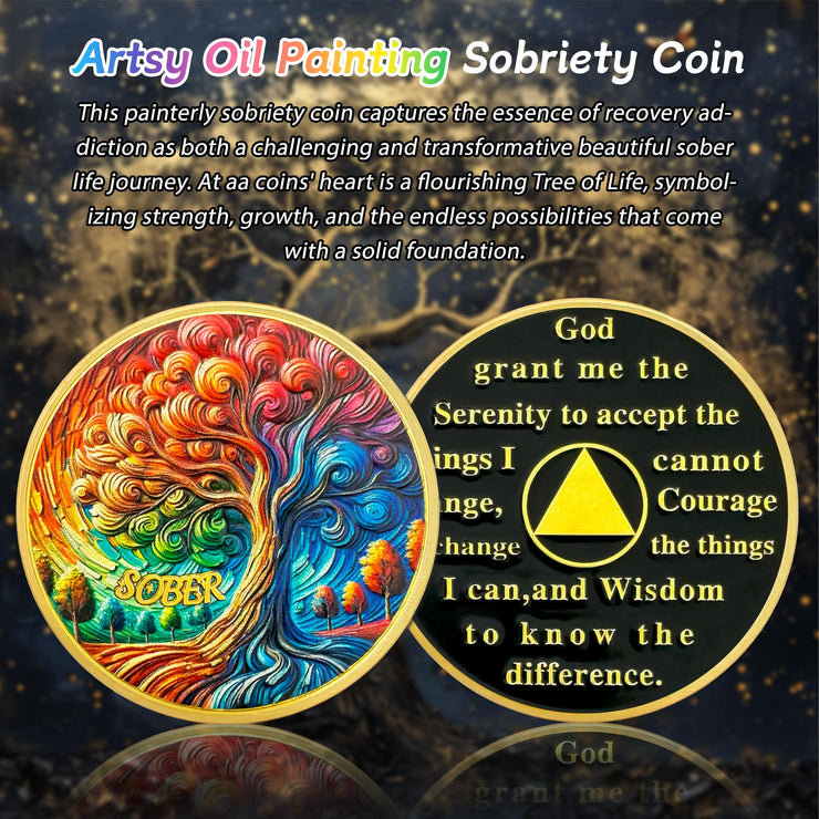 0-10 Year Artsy Oil Painting Recovery Addiction Tree of Life Sobriety Coin
