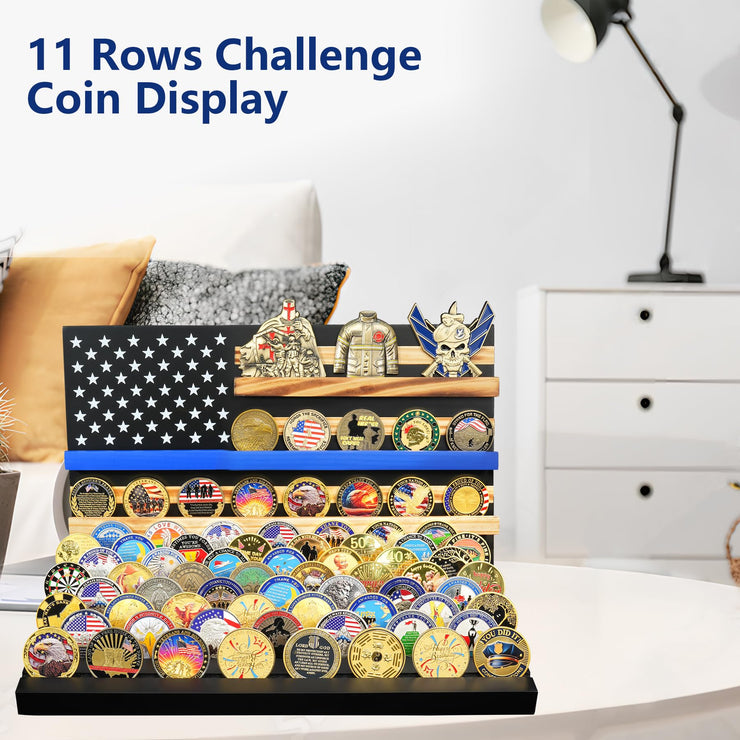 Wooden Removable 11 Rows Challenge Coin Display With American Flag