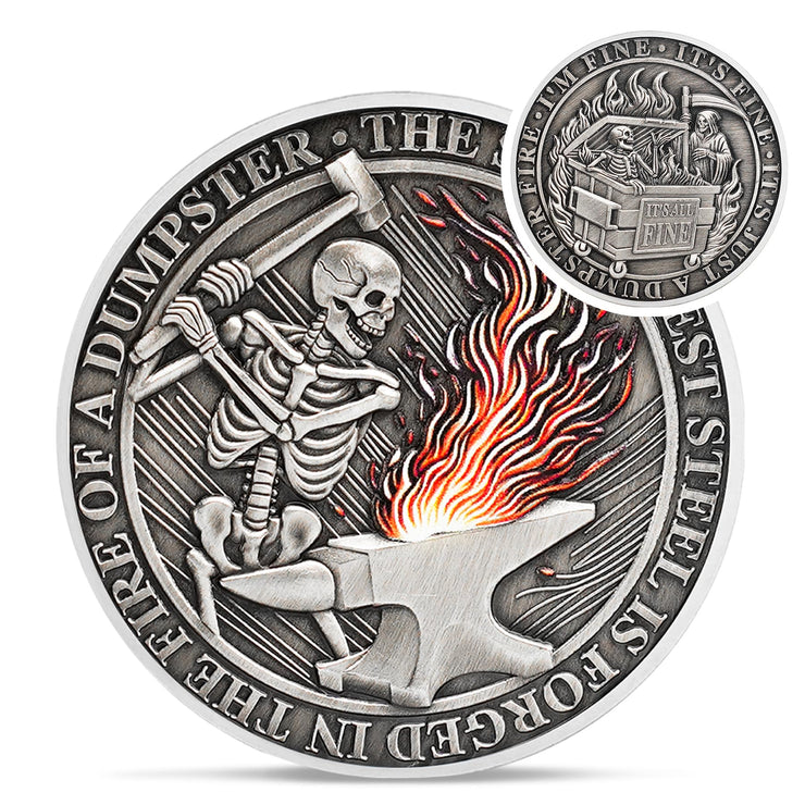 The Strongest Steel Skull Dumpster Fire Challenge Coin