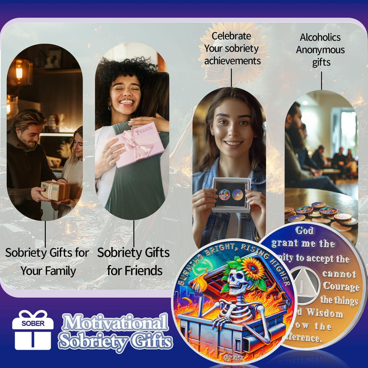 Personalized Reborn in Fire Sunflower Skeleton Sobriety Coin