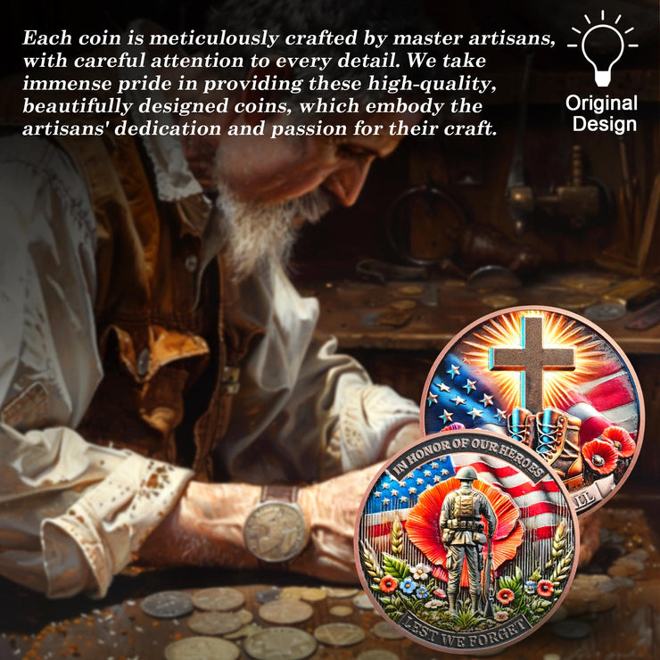 Memorial Coin Honoring Fallen Heroes with Poppy and Cross Veterans Challenge Coins