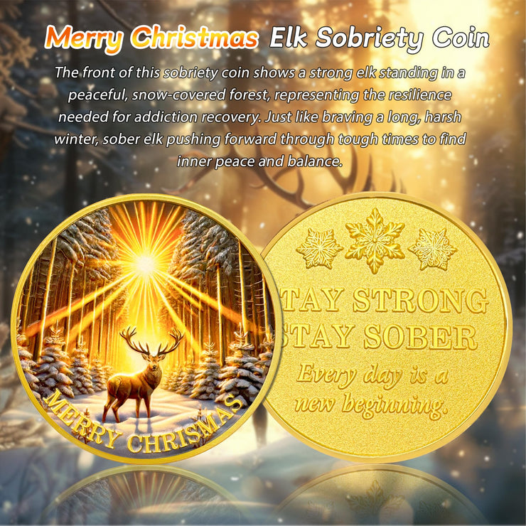 Merry Christmas Elk Gold Sunlight Snow Sobriety Coin