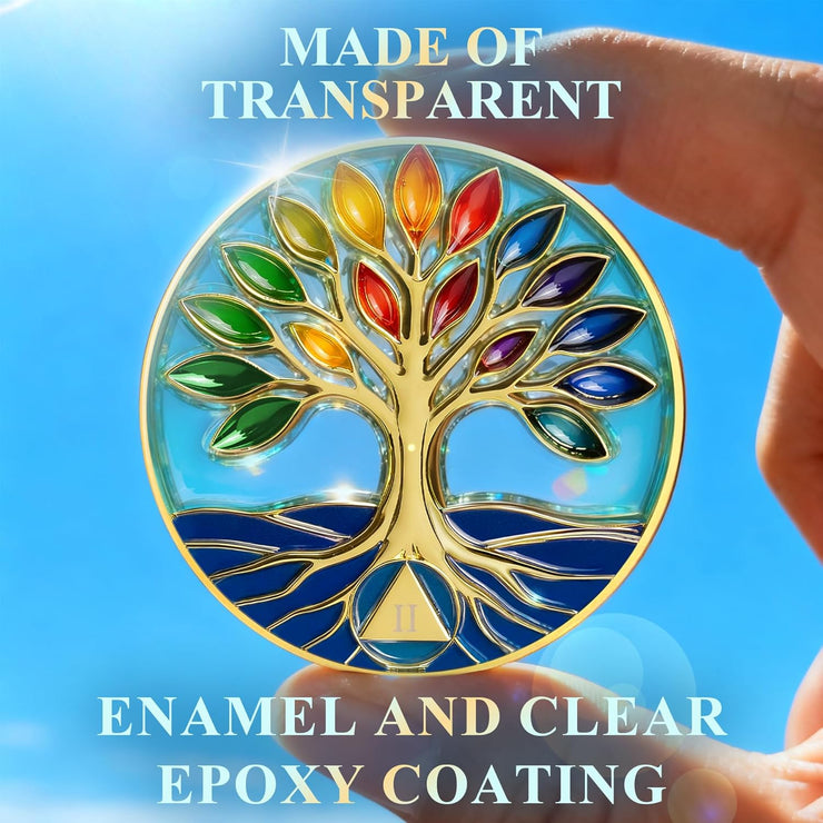 Personalized See-through Glass Rainbow Tree of Life Sobriety Coin