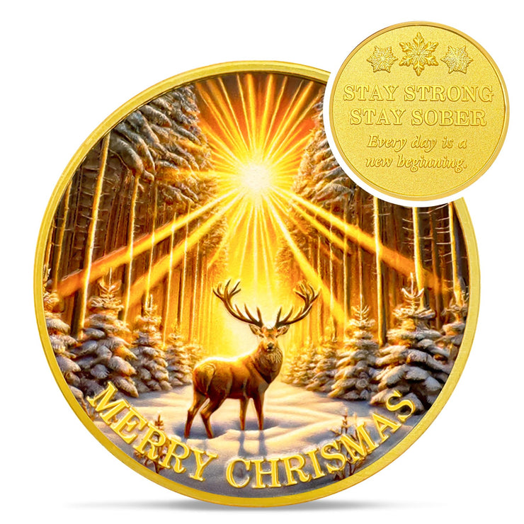 Merry Christmas Elk Gold Sunlight Snow Sobriety Coin