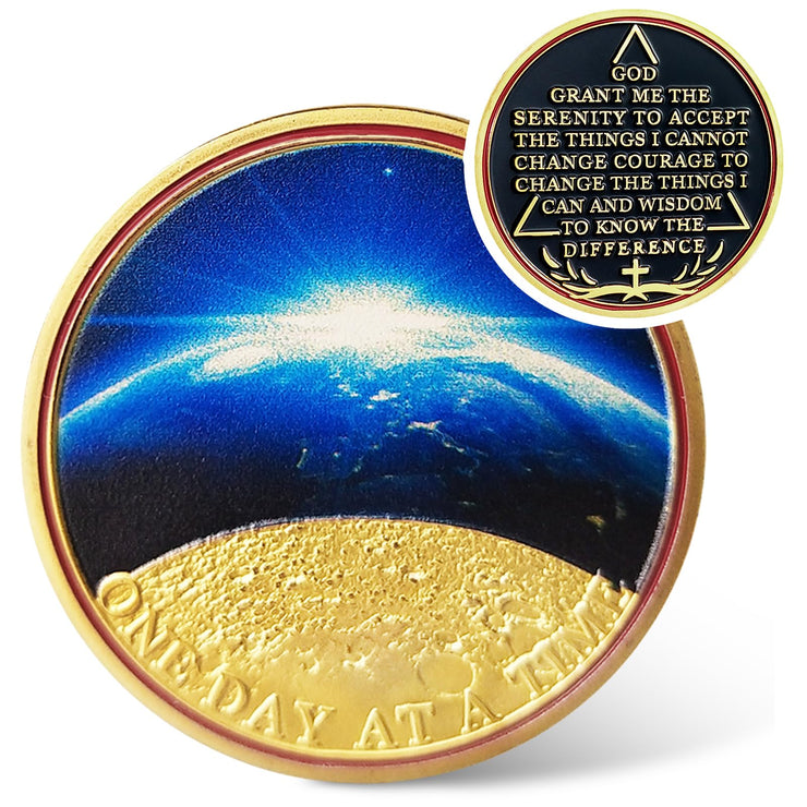 Universe Sun Moon Earth One Day at A Time Sobriety Coin