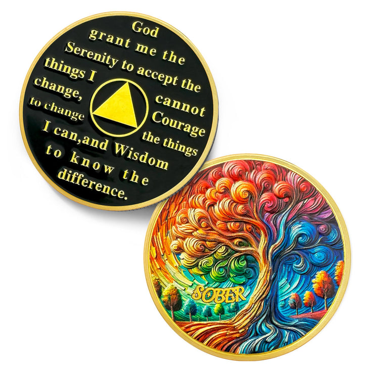 0-10 Year Artsy Oil Painting Recovery Addiction Tree of Life Sobriety Coin
