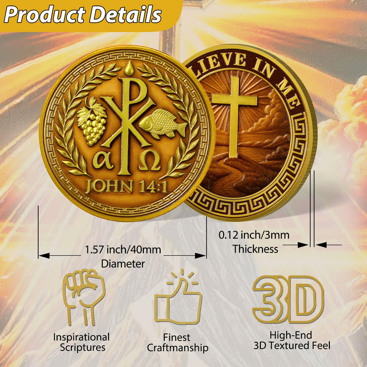 Chi Rho Christian Challenge Coin with John 14:1 Scripture