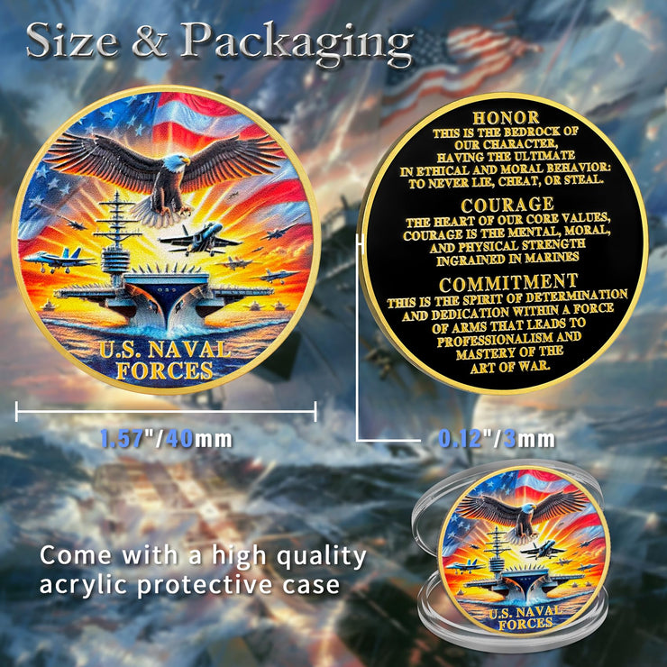 U.S. Naval Forces Veterans Navy Coin with Aircraft Carrier Eagle Military Core Values Tribute