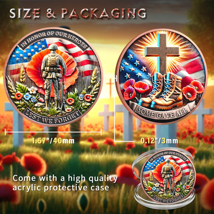 Memorial Coin Honoring Fallen Heroes with Poppy and Cross Veterans Challenge Coins