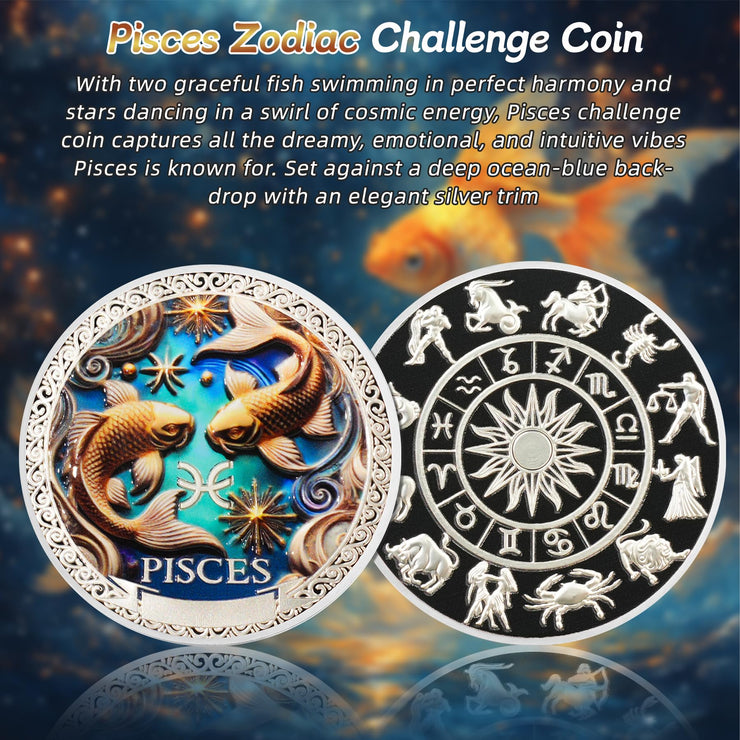 Cool Pisces 12 Zodiac Challenge Coin