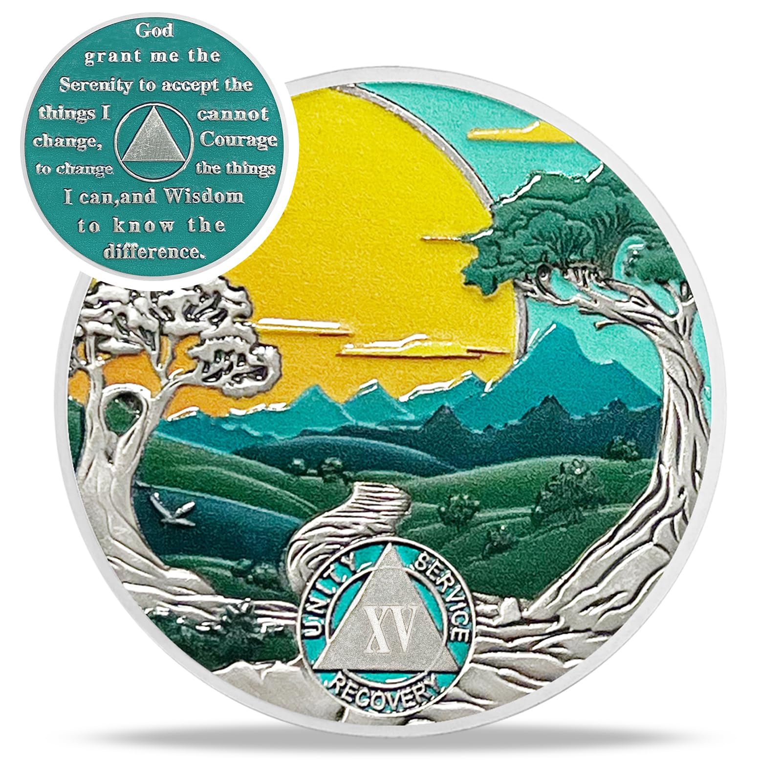 Recovery Sun Green Forest 15 Year Sobriety Coin
