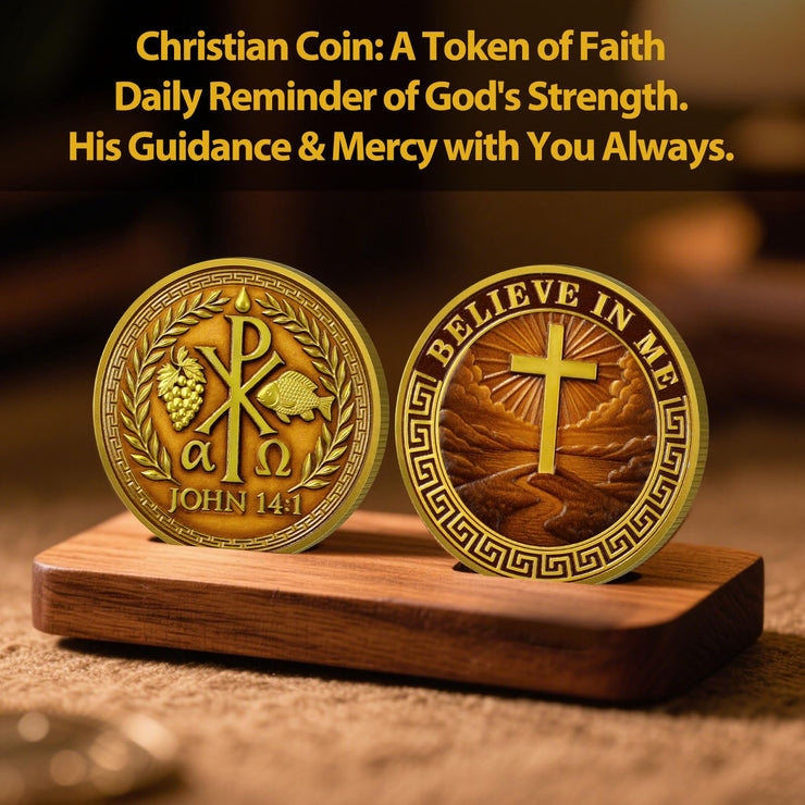 Chi Rho Christian Challenge Coin with John 14:1 Scripture