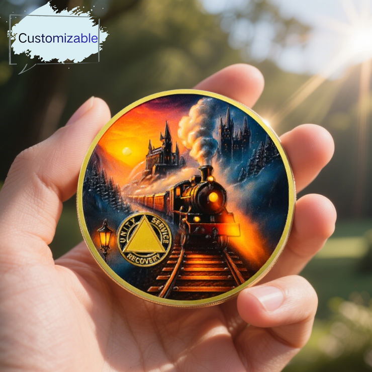 Personalized Embracing Transformation and Awakening Steam Train Sobriety Coin