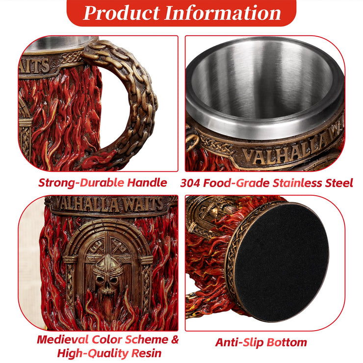 Glory Handmade Viking Mug - 20oz Valhalla Gate Beer Stein - 304 Stainless Steel Novelty Norse Mythology Cup