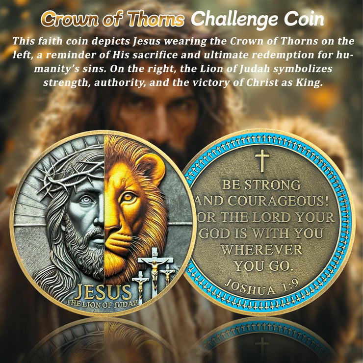 Crown of Thorns Jesus Lion of Judah Joshua 1:9 Religious Challenge Coin